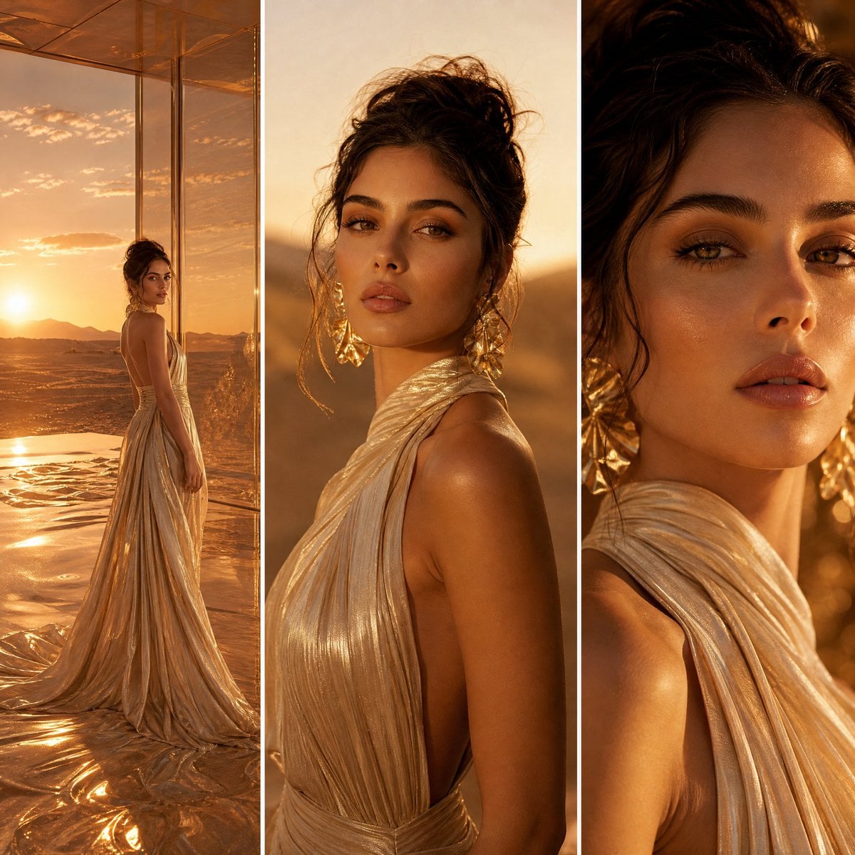 A three-panel high-fashion editorial spread set in a glowing sunset desert-glass luxury studio, with warm amb…