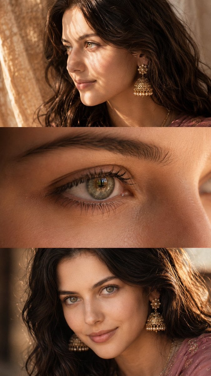 Luxurious cinematic feminine beauty collage in three elegant horizontal frames, editorial fashion photography…