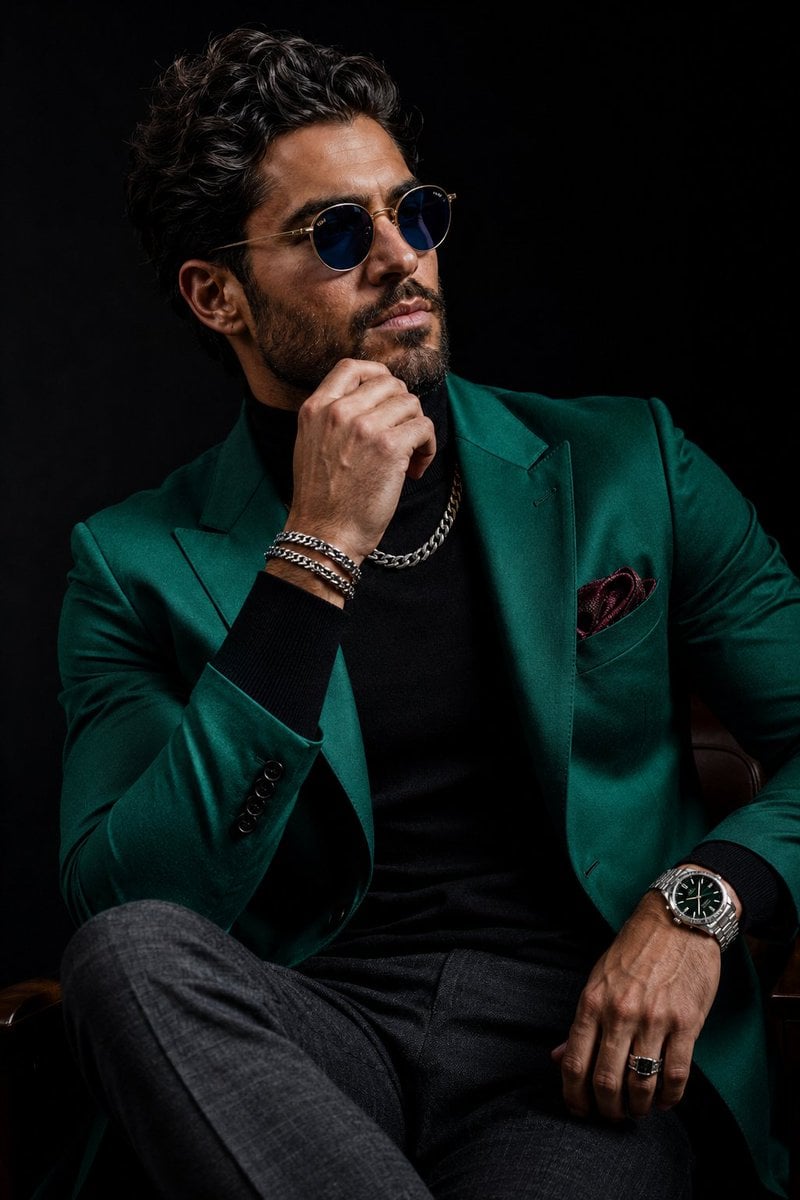 Ultra-realistic luxury menswear editorial portrait of a confident, ha…