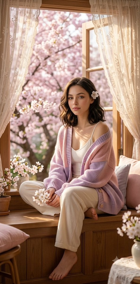 Ultra-realistic spring morning portrait of a beautiful young woman si…