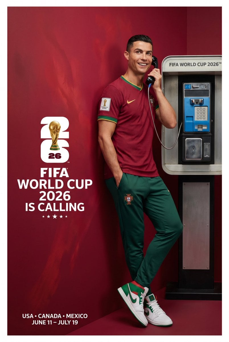 Create an ultra-premium FIFA World Cup 2026 global advertising campaign poster featuring Cristiano Ronaldo re…