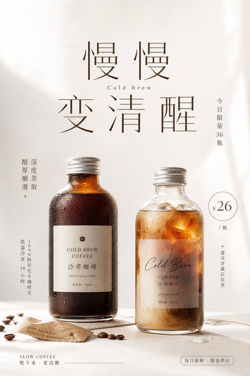 围绕[主题对象]生成一张明亮清透的商业信息视觉：上方保留大面积呼吸空间，中心以极大的中文主题字作为第一视觉，字距疏朗、笔画克制，少量外文或…