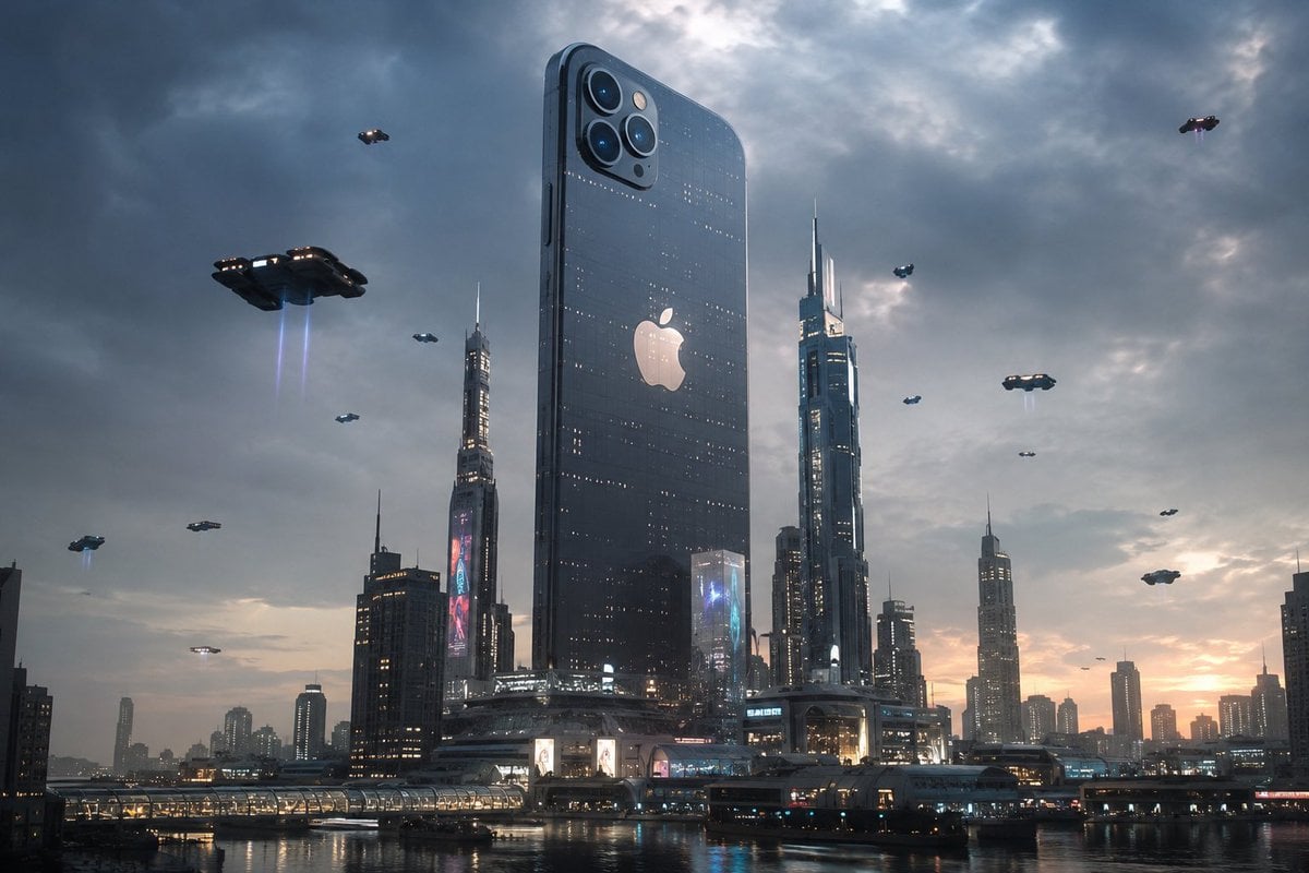 A futuristic city dominated by an enormous Apple iPhone standing as a…