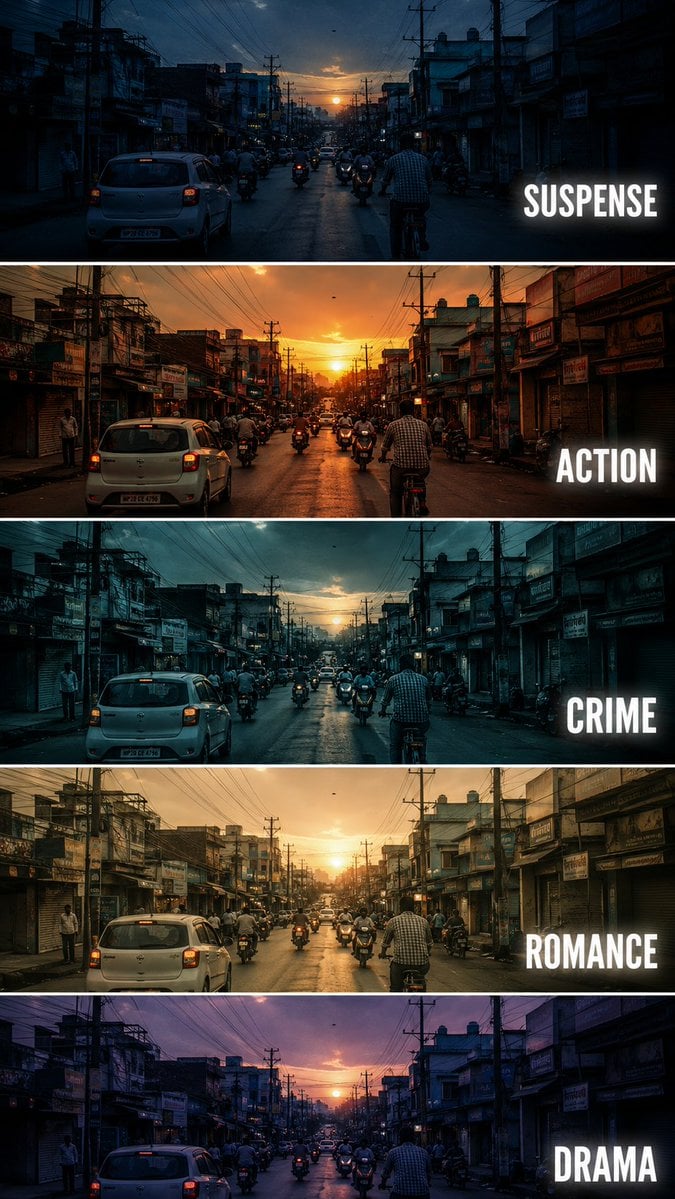 Create a vertical cinematic tutorial comparison poster showing the sa…