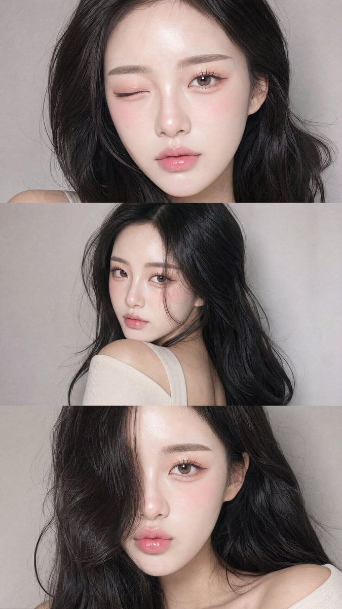A vertical collage of three YZK photos. Using the uploaded selfie as…