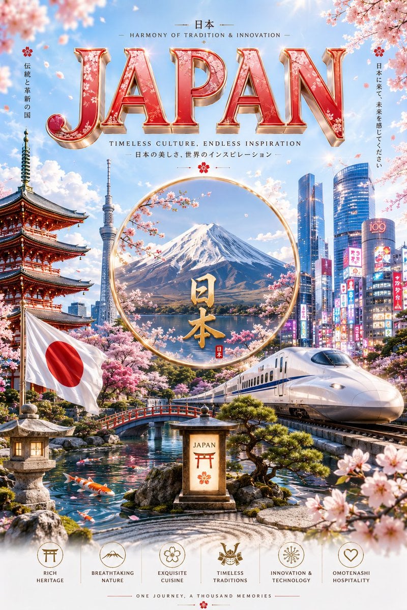 Ultra-premium cinematic 3D travel poster for [Country], bright luxury…