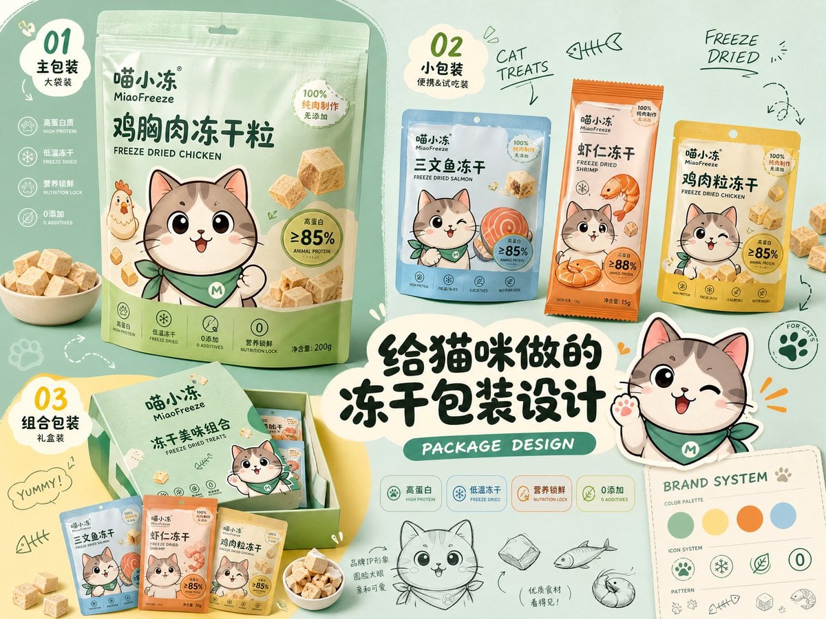 请生成一张横向4:3高清「品牌包装设计提案速览」。 【主题】：[产品主题] 【品牌名】：[品牌名] 【系列名称】：[系列名称] 【产品内容…