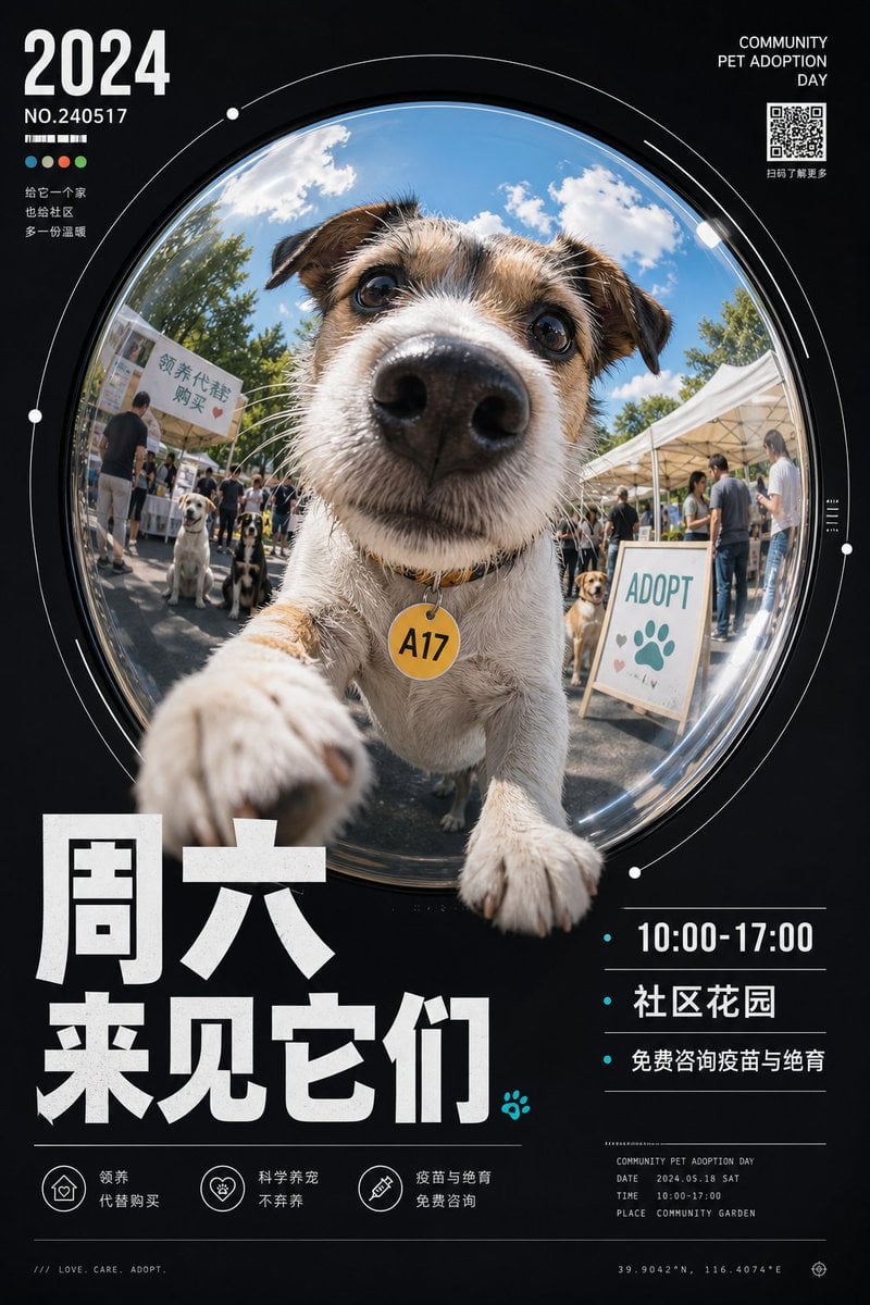 围绕任意主题对象生成一张强设计感视觉：画面由深色安静的信息外场托住中央巨大的圆形鱼眼视窗，视窗像被镜面或广角镜头撑开，主题核心内容在圆内被…