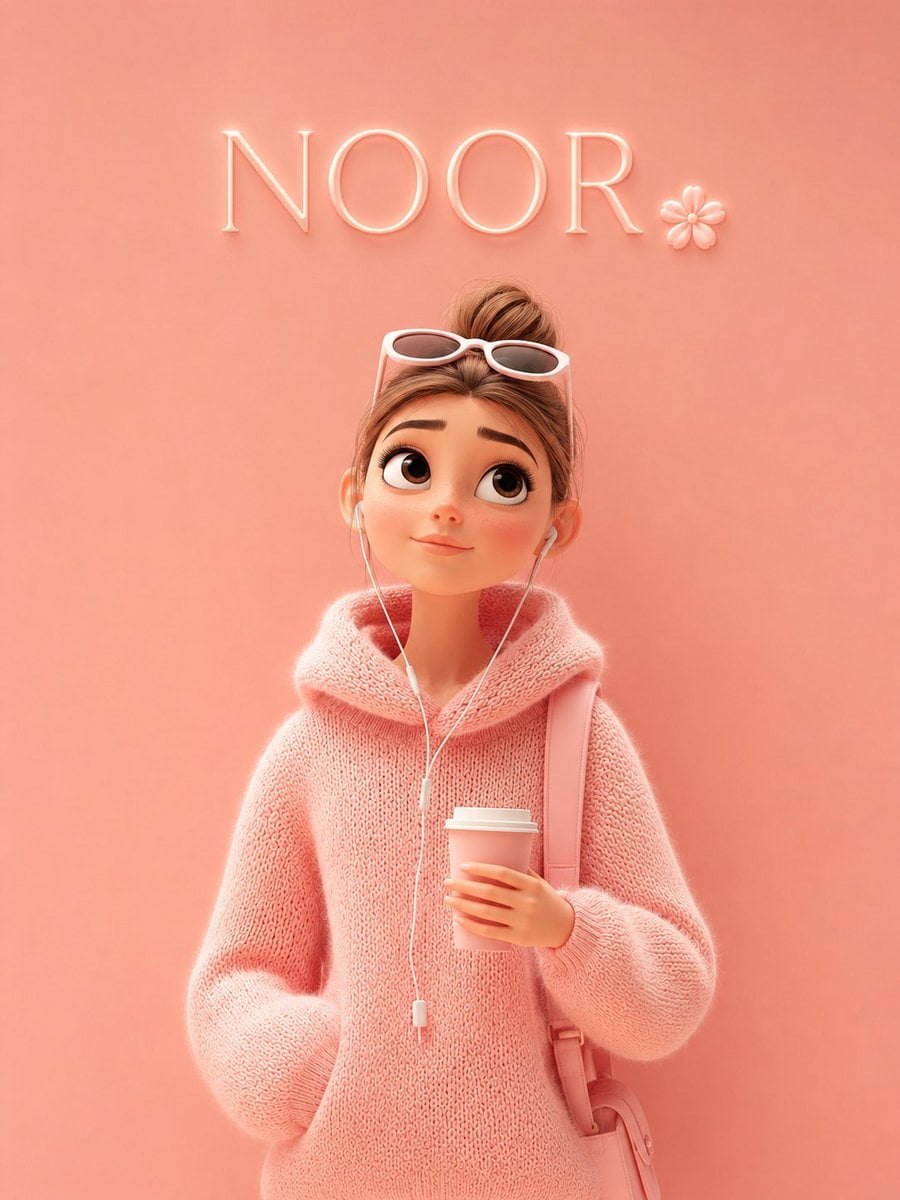 A cute Pixar-style 3D cartoon girl standing against a soft pastel pin…