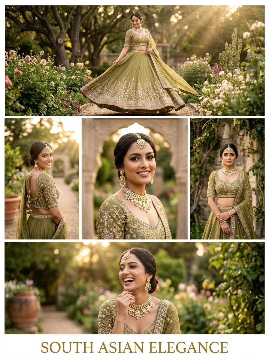 Elegant multi-frame portrait poster of a stunning young South Asian woman in an olive-green embroidered lehen…