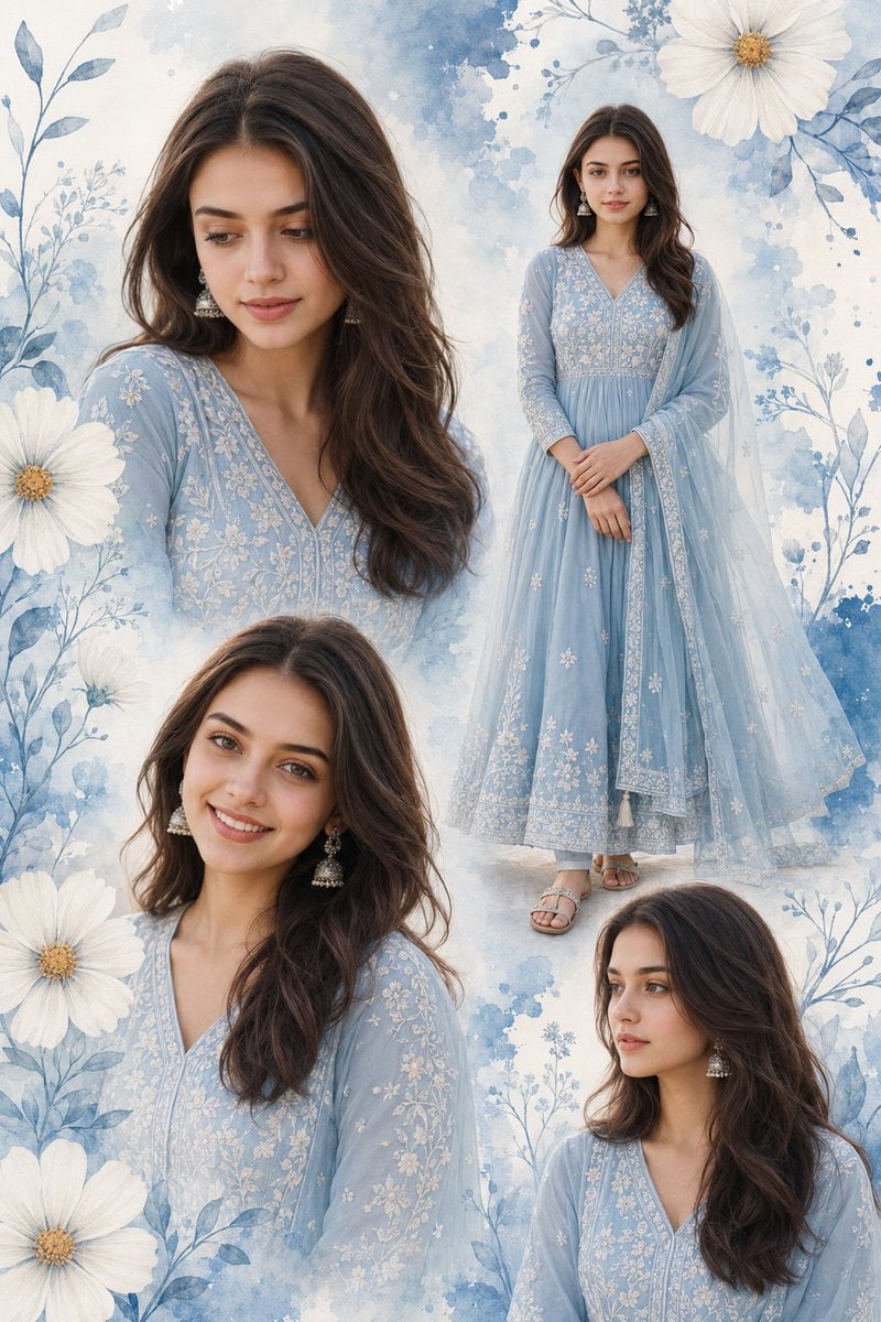 Multi-photo collage poster of a young Indian woman, 18–22 years, fair…