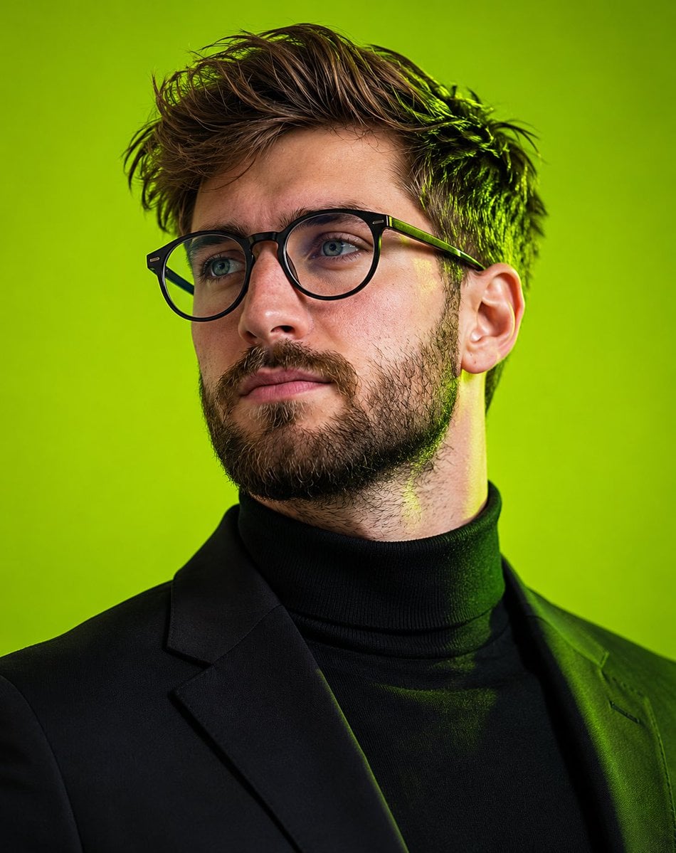 Ultra-realistic editorial portrait of a young man with tousled textured brown hair, piercing blue eyes, and a…