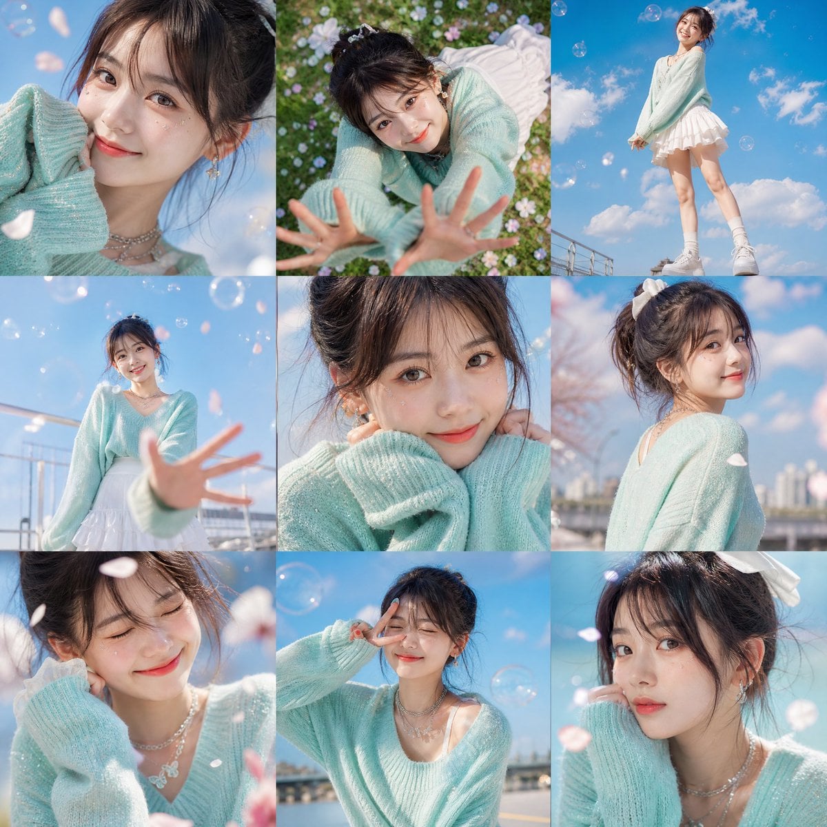 A vibrant 3×3 grid photo collage containing nine unique and expressiv…
