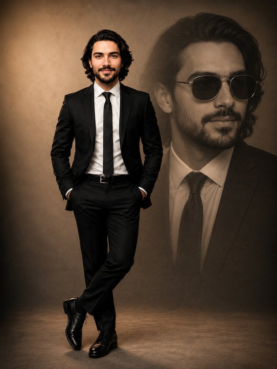 Portrait of a confident young man in a perfectly tailored black suit,…