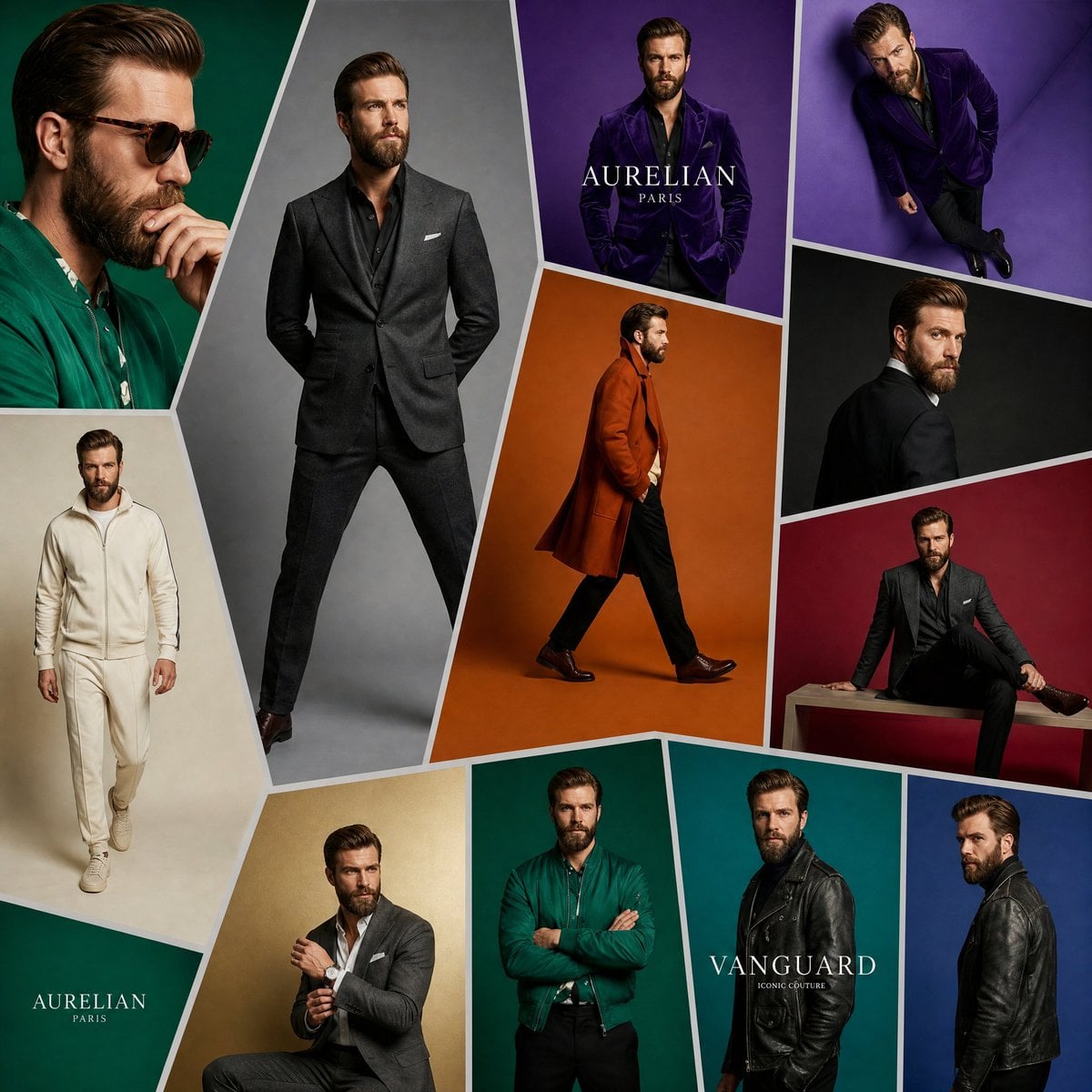 The SAME handsome Hollywood-inspired male model with a perfectly groomed beard appears repeatedly across over…