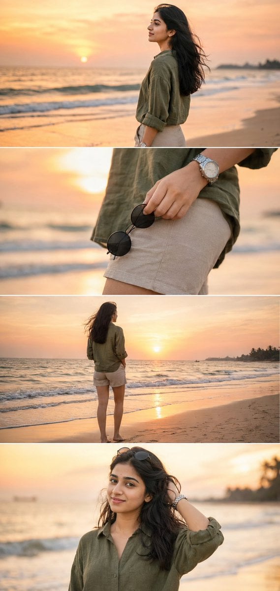 Ultra-realistic DSLR cinematic beach photoshoot collage featuring the…