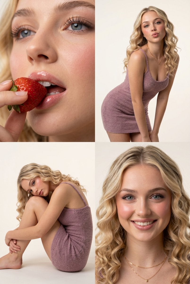 Ultra-photorealistic 8K studio portrait collage of a woman with long,…