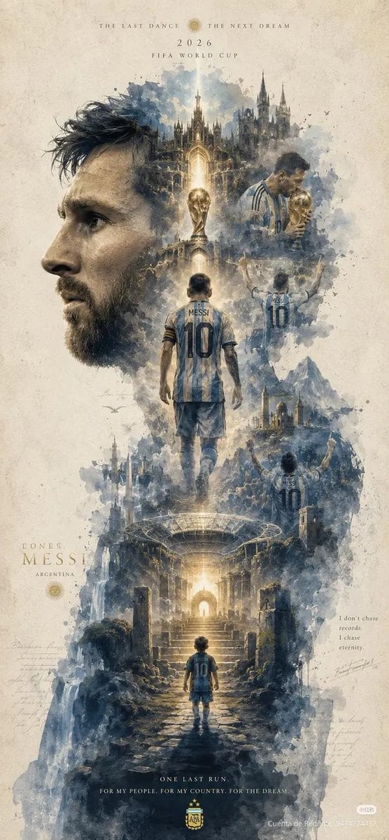 Epic cinematic watercolor poster of Lionel Messi, giant side-profile portrait dominating the left side, multi…