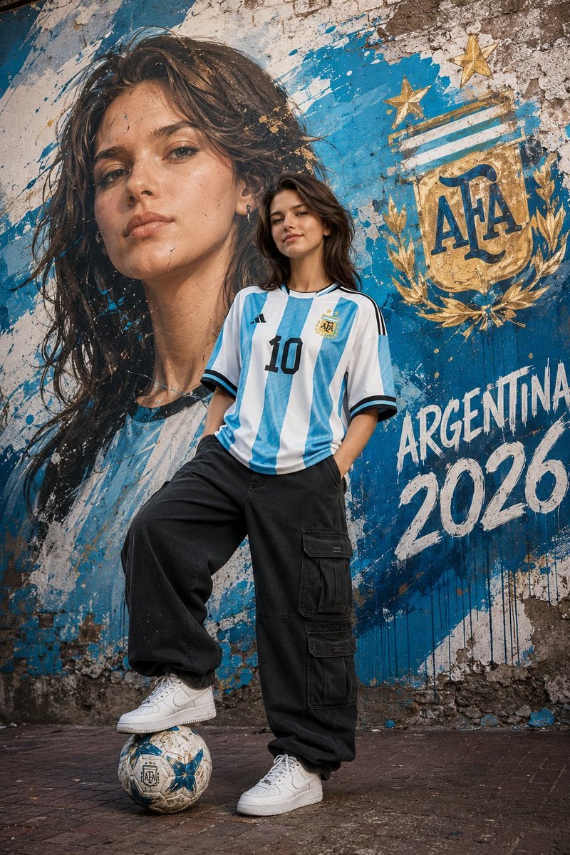 A confident young woman standing with one foot on a soccer ball, wear…