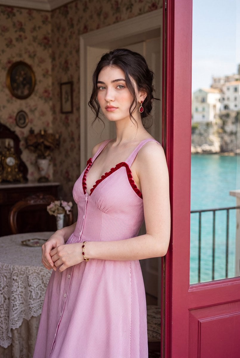Photorealistic romantic European travel editorial portrait of a beautiful young woman, standing in an open cr…
