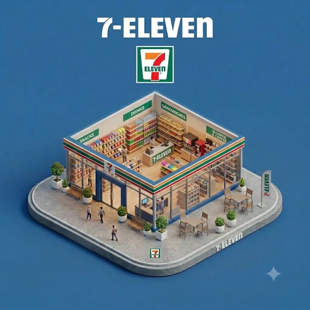 "Ultra-detailed isometric 3D miniature diorama of a branded storefront placed on a floating concrete platform…