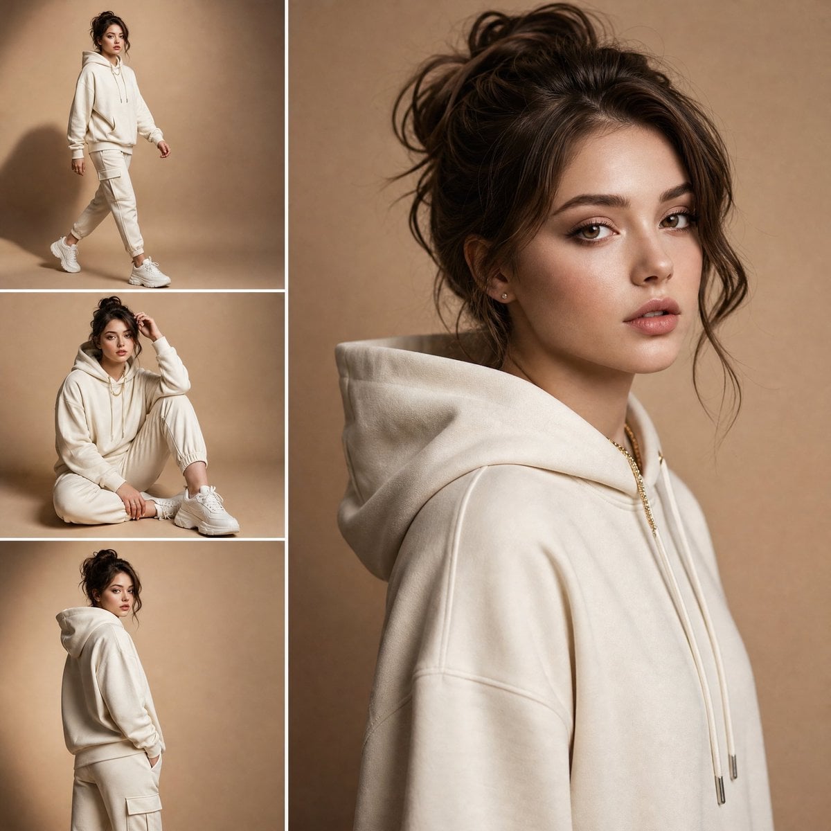 A high-end luxury fashion lookbook editorial presented as a dynamic multi-panel collage grid featuring a styl…