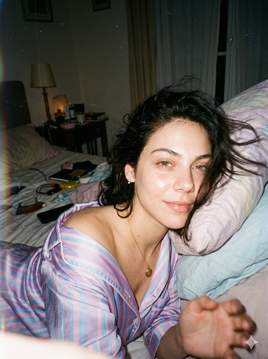 A candid disposable-camera snapshot of the same subject in the attached image. A selfie shot of the subject w…