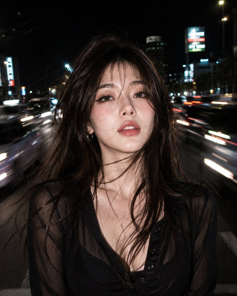 Ultra realistic RAW night flash portrait of a beautiful young woman w…