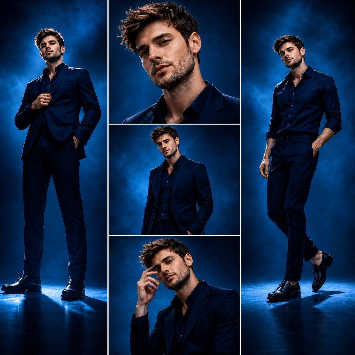 Aspect ratio 1:1. Luxury fashion editorial, three-panel composite lay…