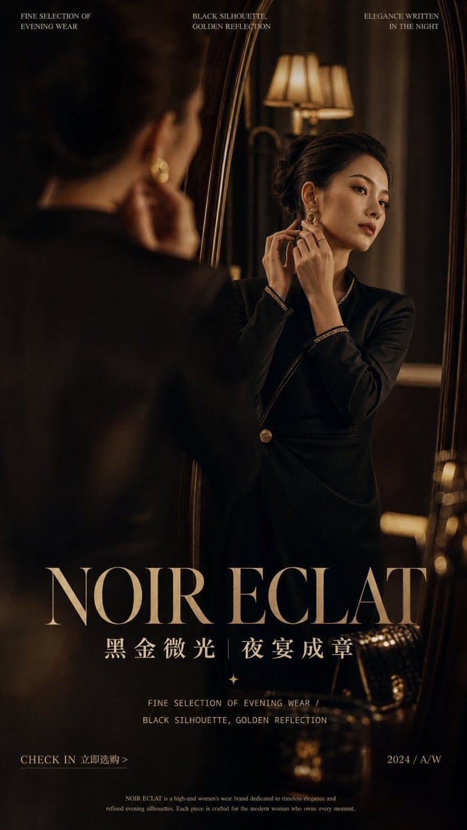 Create a vertical 9:16 high-end fashion campaign poster for [Brand Na…