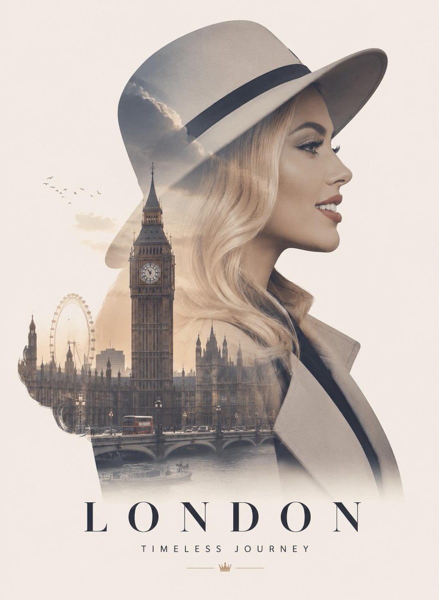 Ultra-premium double exposure travel poster, elegant side-profile por…