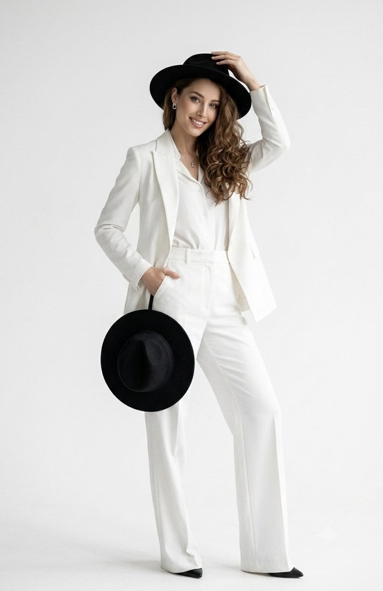 A full-length studio portrait of a confident, smiling woman with long…