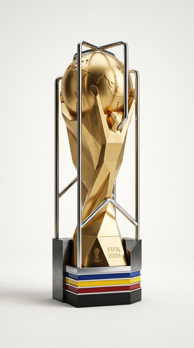 A highly detailed, photorealistic product render of the FIFA 2026 World Cup trophy, featuring the iconic gold…