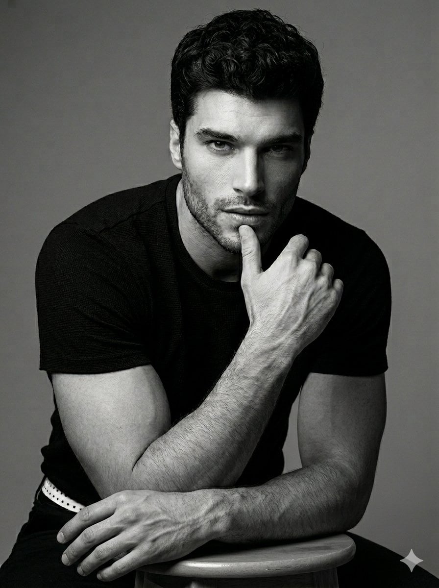 A professional black and white studio portrait of a handsome man with…