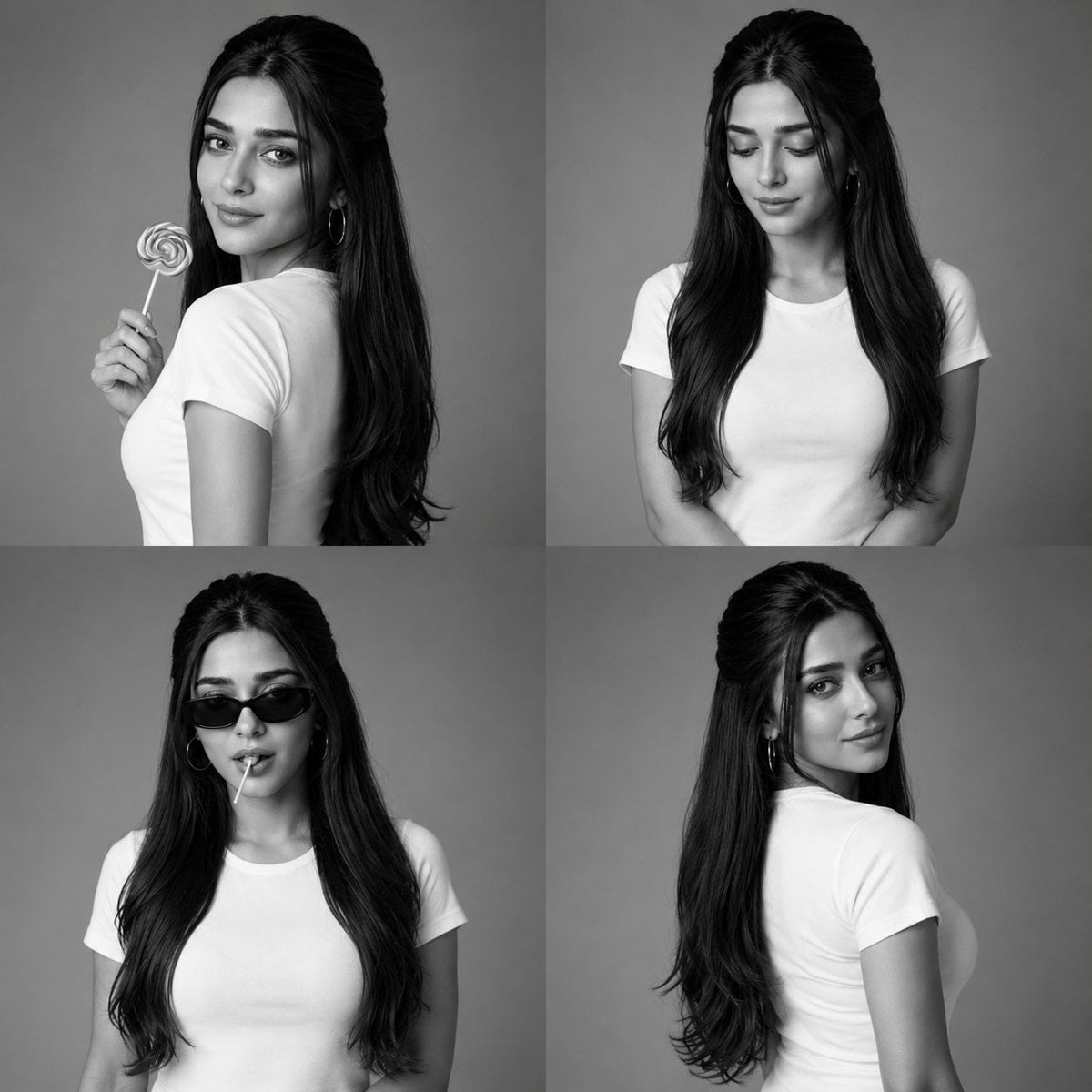 Create a luxury black-and-white fashion studio collage arranged in a…