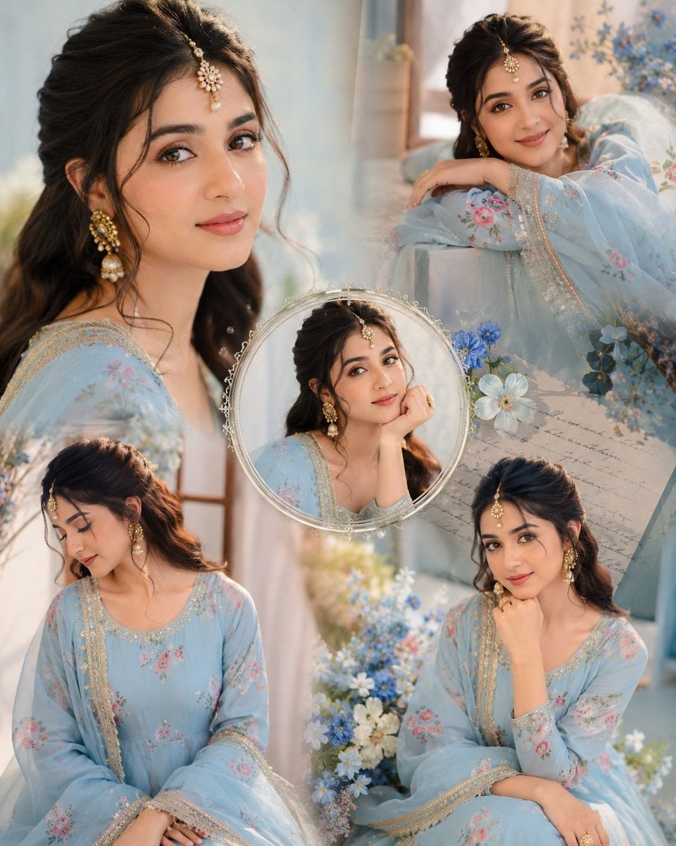 Create a dreamy aesthetic portrait collage of a beautiful young Indian girl wearing a soft pastel baby-blue f…