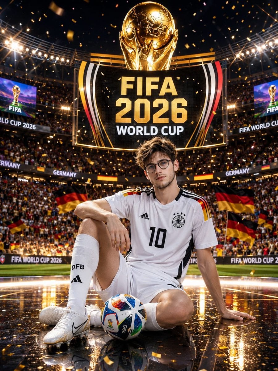 Ultra-realistic FIFA World Cup 2026 promotional poster featuring a handsome young male football player sittin…