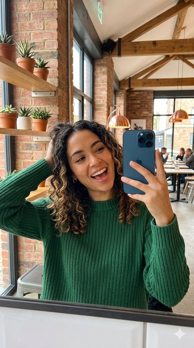 A vertical mirror selfie of a cheerful young woman with light brown s…