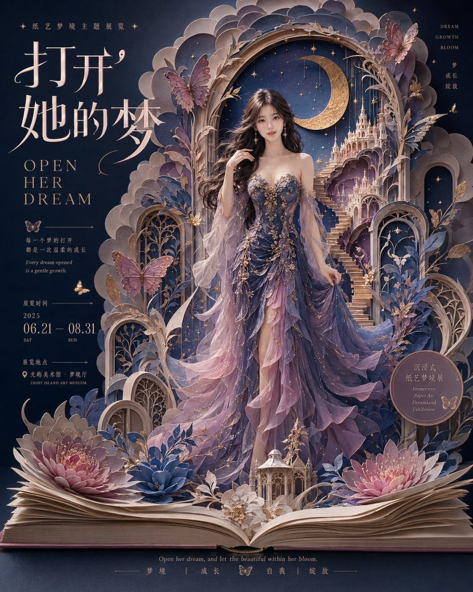 生成一张 4:5 竖版、高完成度的梦幻纸艺展览视觉海报，主题为《打开她的梦 / OPEN HER DREAM》。 整张画面是一张完整的展览…