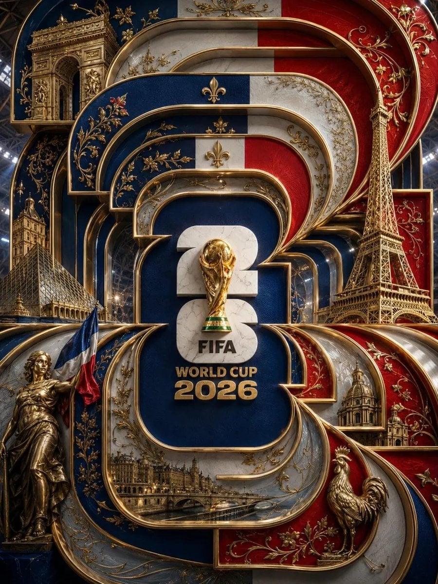 Ultra-detailed luxury 3D FIFA World Cup 2026 France poster. Massive l…