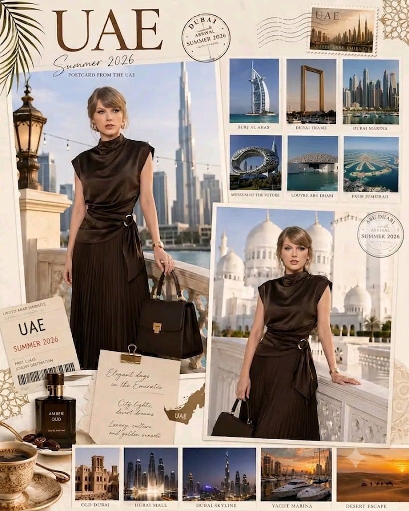 Create an ultra-detailed luxury travel scrapbook collage titled “UAE…