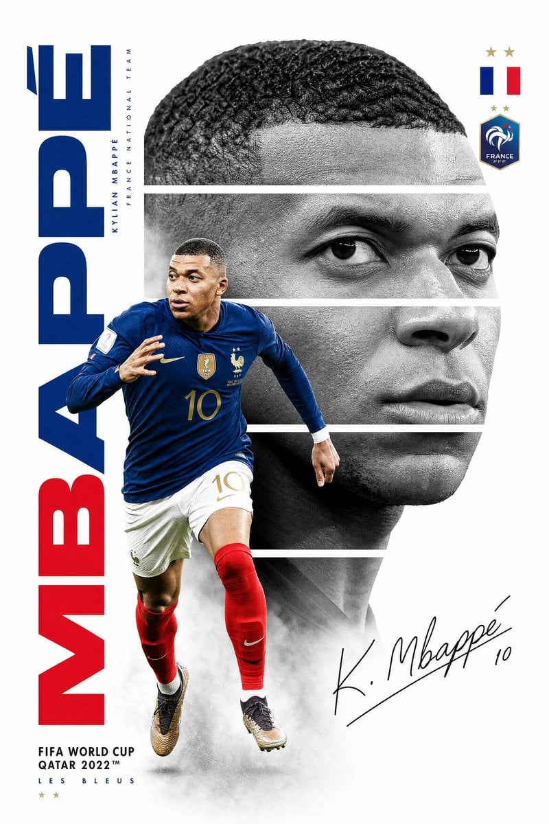 Create a premium FIFA World Cup poster design featuring Kylian Mbappé…