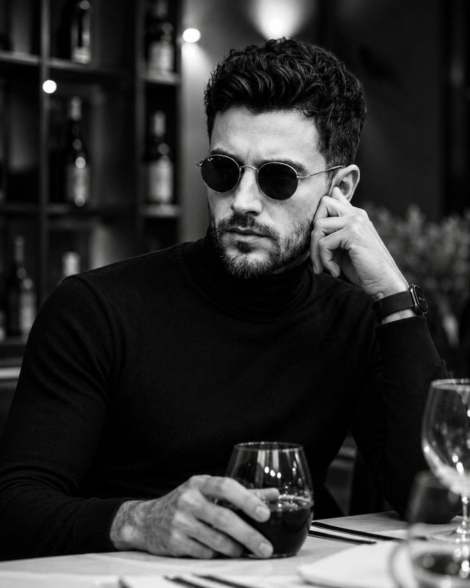 Ultra-realistic black-and-white cinematic portrait of a handsome man…