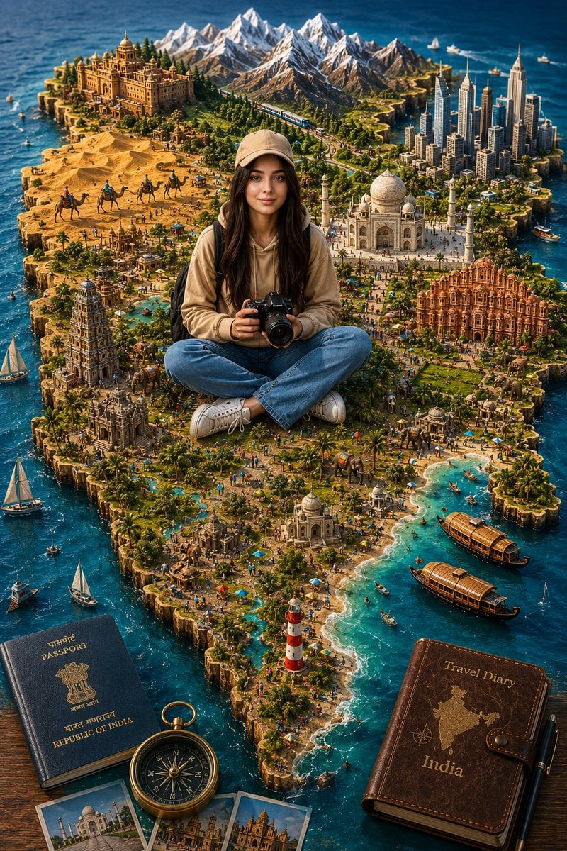 A highly detailed 3D miniature travel diorama of India shaped as a re…