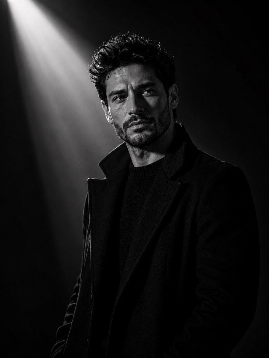 Ultra-cinematic black-and-white portrait of a young man standing in a dark minimalist studio, wearing a long…