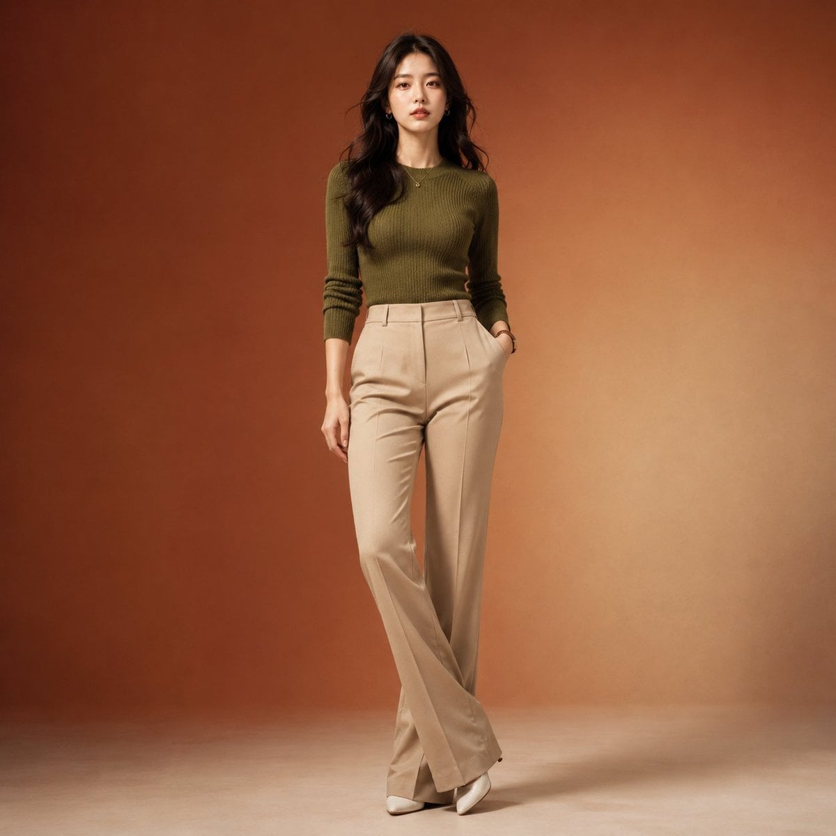 Full-body professional fashion editorial portrait of a beautiful youn…
