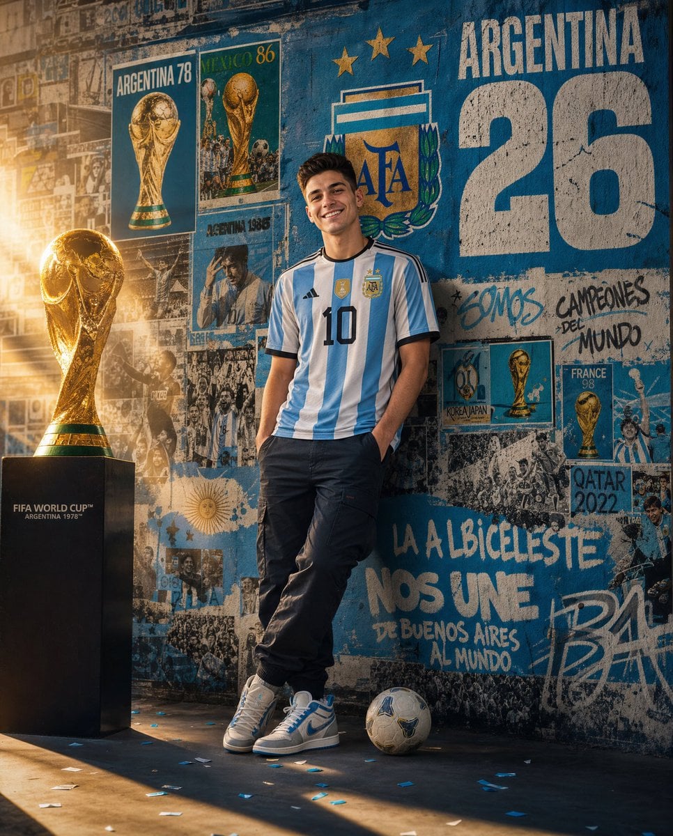 Ultra-realistic sports advertising poster featuring a young Argentine…