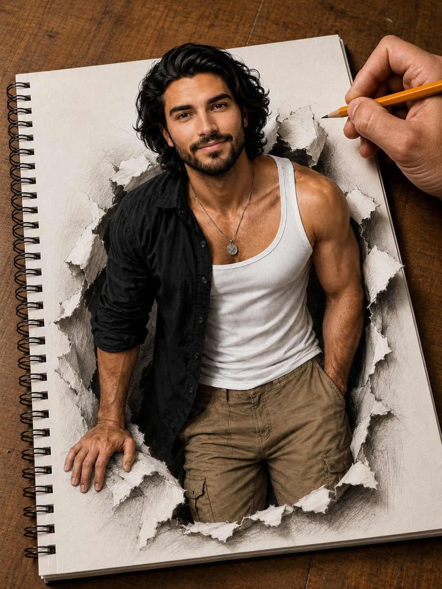 Hyper-detailed photorealistic illustration of a handsome young man br…