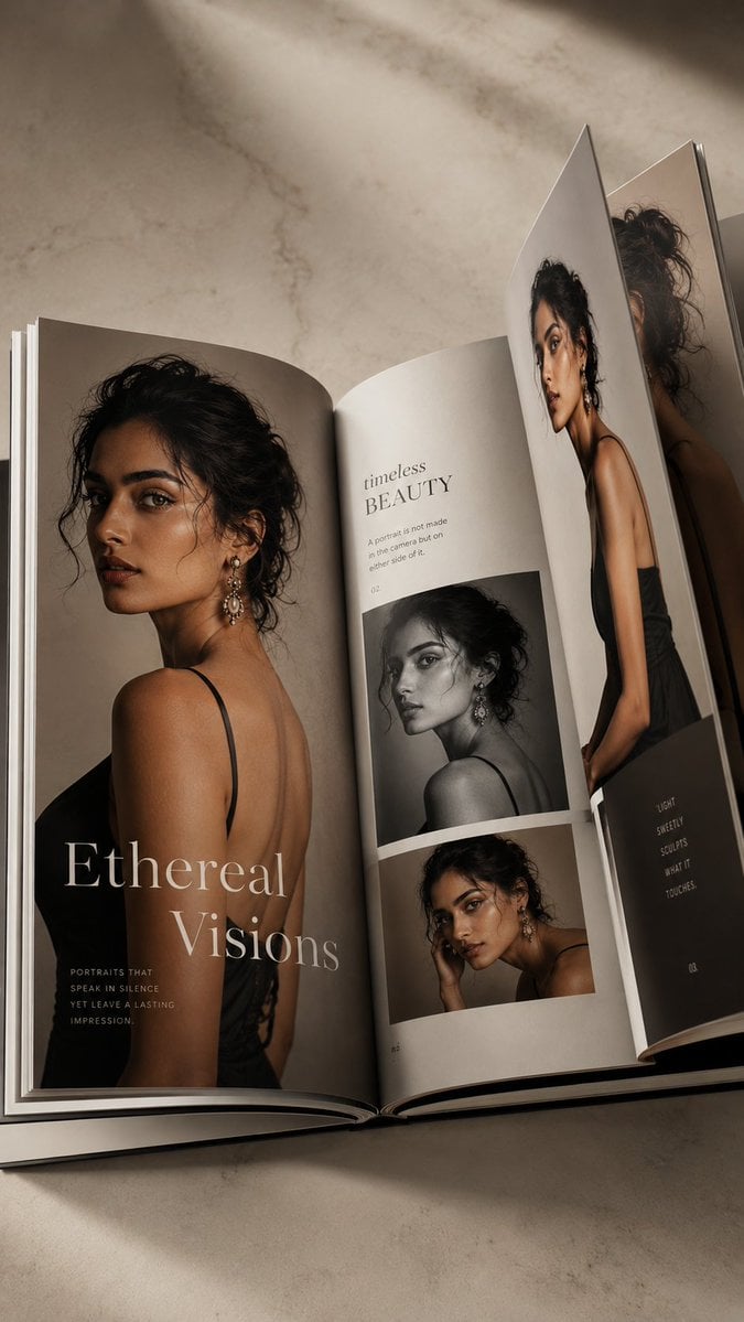 Luxury photorealistic coffee table book, open to two pages, showcasin…