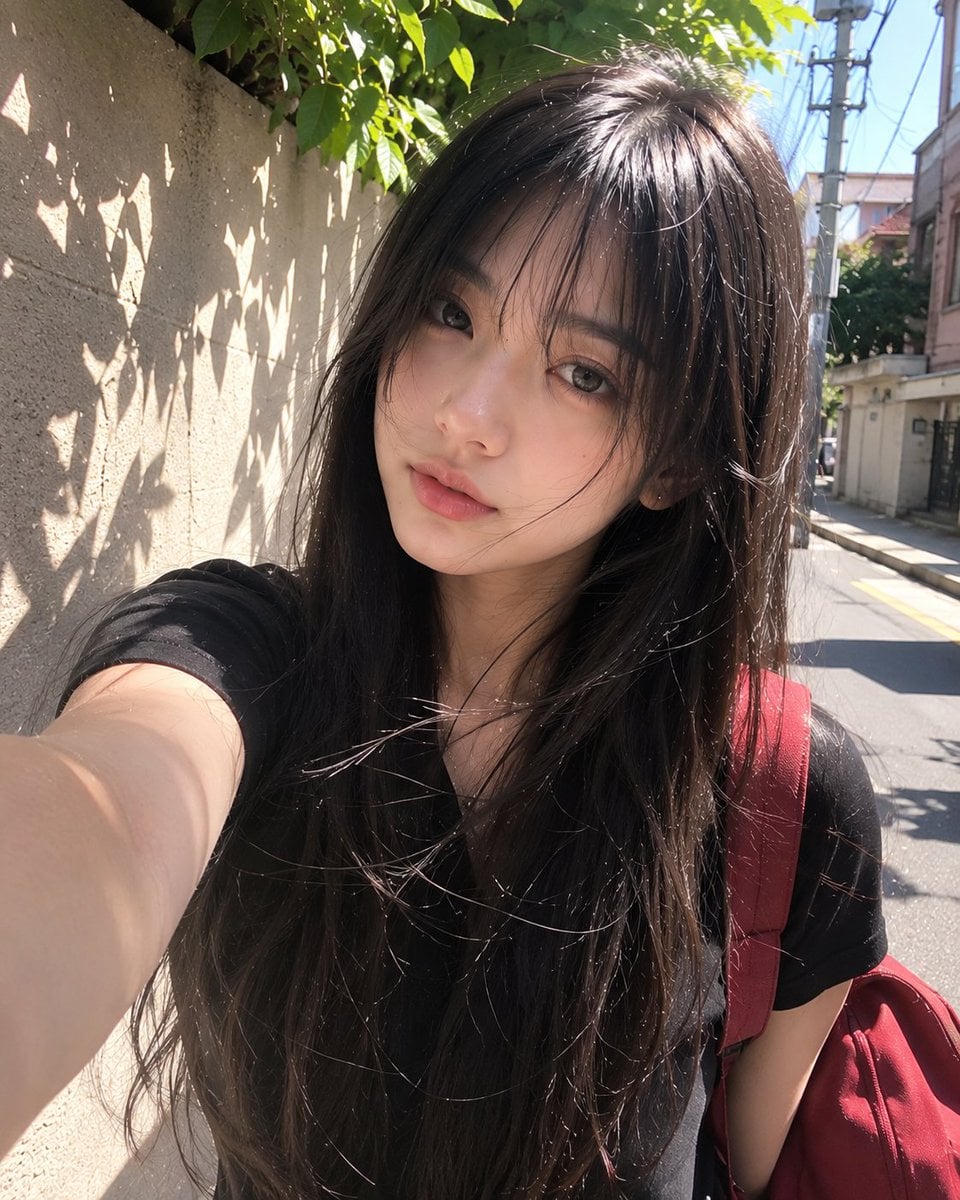 Beautiful young Japanese girl with long silky black hair and soft wis…